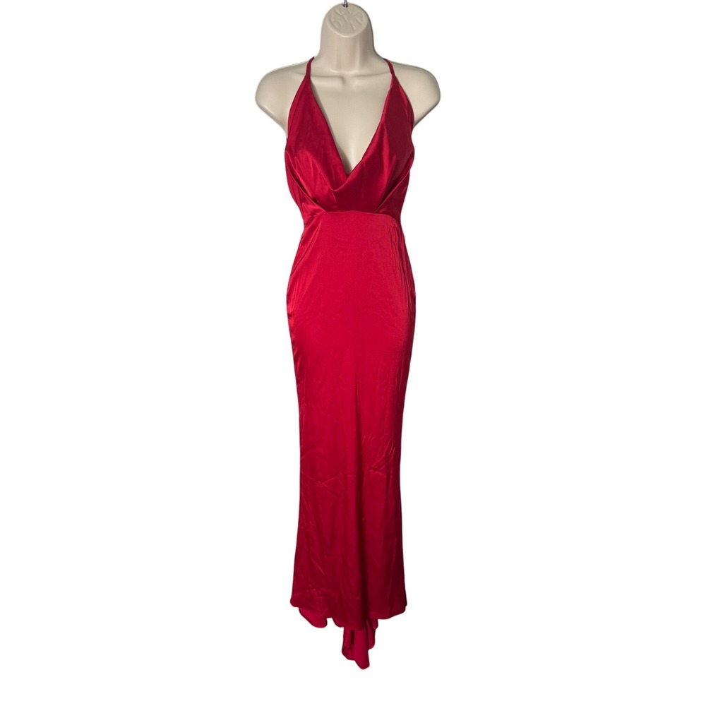 NWT René The Label Red Satin Open Back Maxi Dress XS Evening Sexy